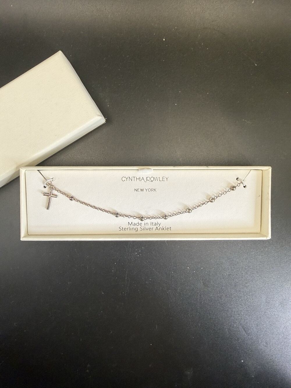NIB Cynthia Rowley Sterling Silver Anklet Cross Charm Beaded Made In Italy